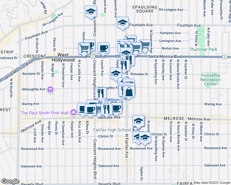 map of restaurants, bars, coffee shops, grocery stores, and more near 839 North Hayworth Avenue in Los Angeles
