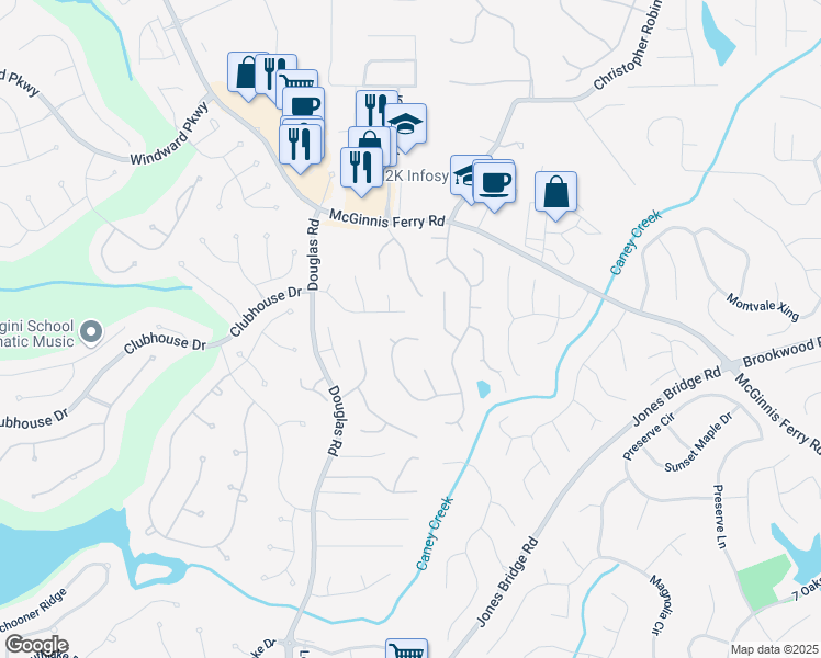 map of restaurants, bars, coffee shops, grocery stores, and more near 5265 Bentley Hall Drive in Alpharetta