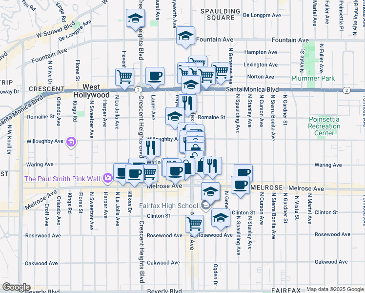map of restaurants, bars, coffee shops, grocery stores, and more near 838 North Hayworth Avenue in Los Angeles