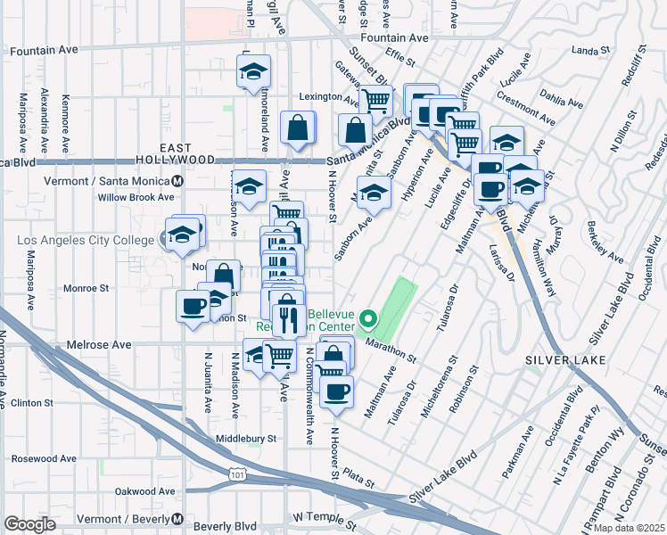 map of restaurants, bars, coffee shops, grocery stores, and more near North Hoover Street & Sanborn Avenue in Los Angeles