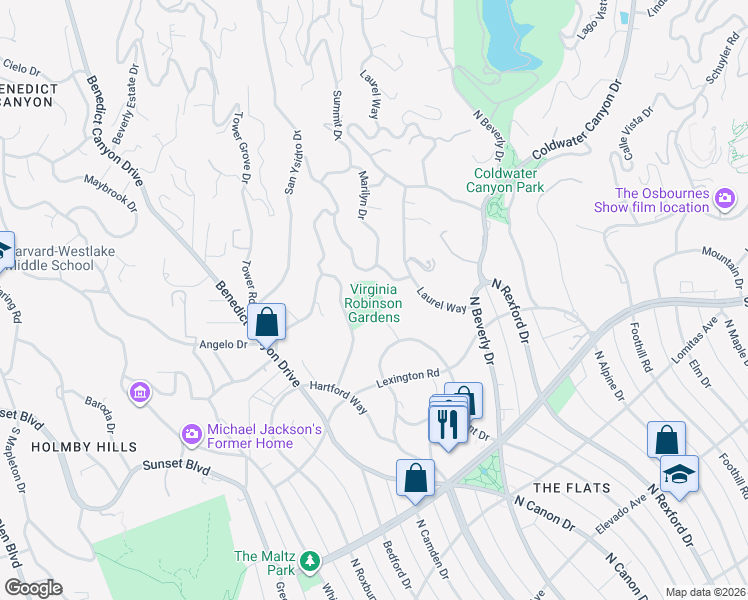 map of restaurants, bars, coffee shops, grocery stores, and more near 1008 Elden Way in Beverly Hills