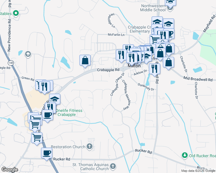 map of restaurants, bars, coffee shops, grocery stores, and more near 12530 Crabapple Tree Ct in Alpharetta