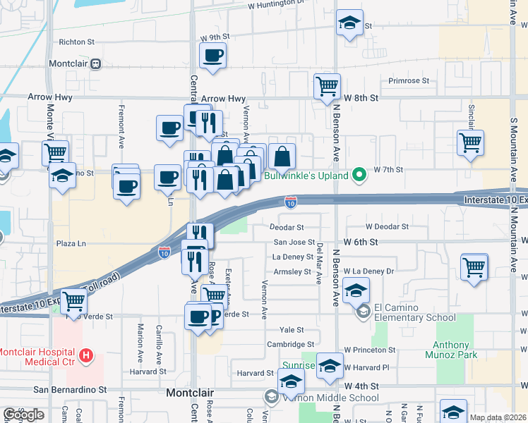 map of restaurants, bars, coffee shops, grocery stores, and more near 9211 Vernon Avenue in Montclair
