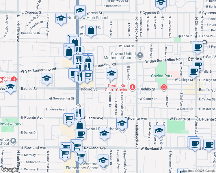 map of restaurants, bars, coffee shops, grocery stores, and more near 105 North Armel Drive in Covina