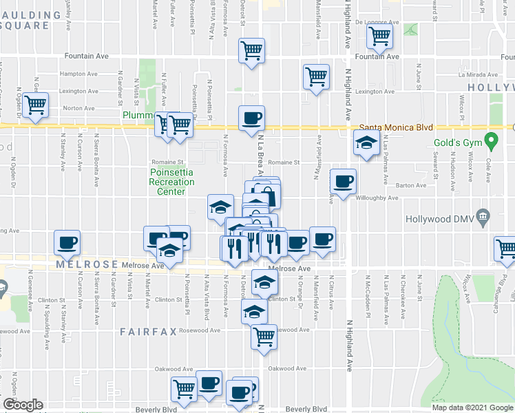 map of restaurants, bars, coffee shops, grocery stores, and more near 849 North La Brea Avenue in Los Angeles