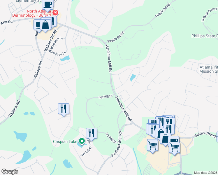 map of restaurants, bars, coffee shops, grocery stores, and more near 3050 Ivy Mill Drive in Buford