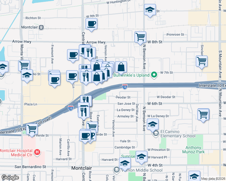 map of restaurants, bars, coffee shops, grocery stores, and more near 9211 Vernon Avenue in Montclair