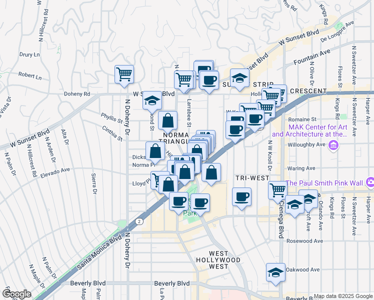 map of restaurants, bars, coffee shops, grocery stores, and more near 853 Larrabee Street in West Hollywood