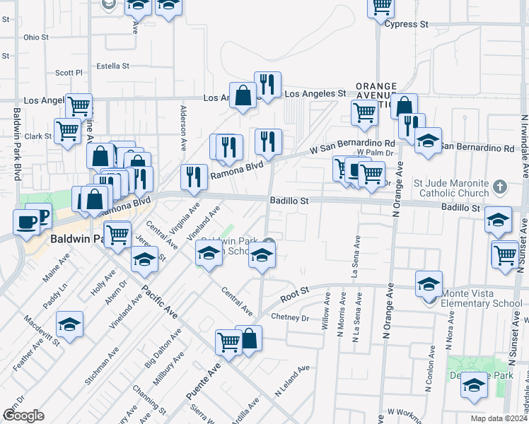 map of restaurants, bars, coffee shops, grocery stores, and more near 4051 Big Dalton Avenue in Baldwin Park