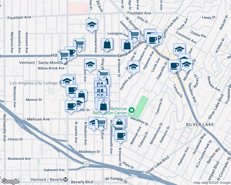 map of restaurants, bars, coffee shops, grocery stores, and more near 4029 Monroe Street in Los Angeles