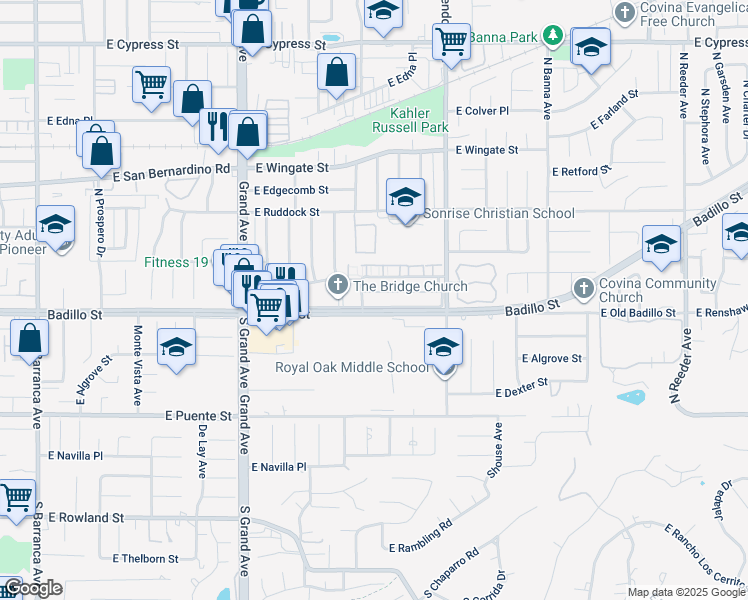 map of restaurants, bars, coffee shops, grocery stores, and more near 1149 East Badillo Street in Covina