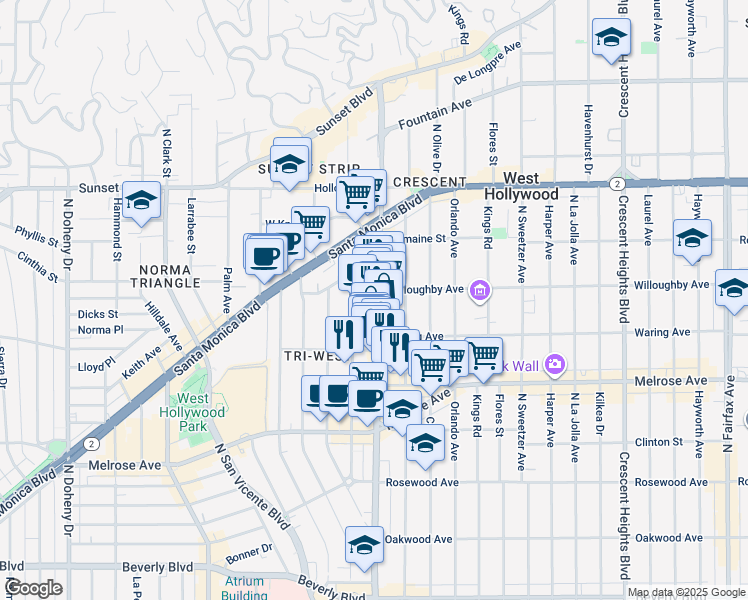 map of restaurants, bars, coffee shops, grocery stores, and more near 825 North La Cienega Boulevard in Los Angeles