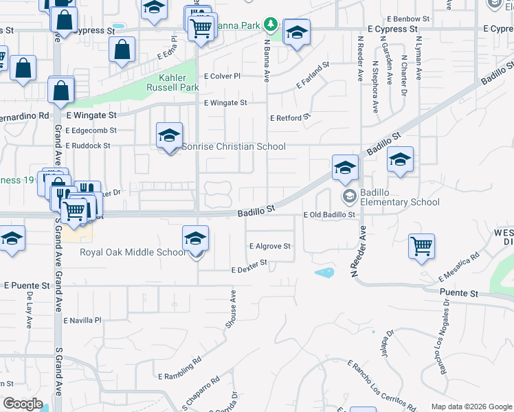 map of restaurants, bars, coffee shops, grocery stores, and more near 104 Mangrove Avenue in Covina