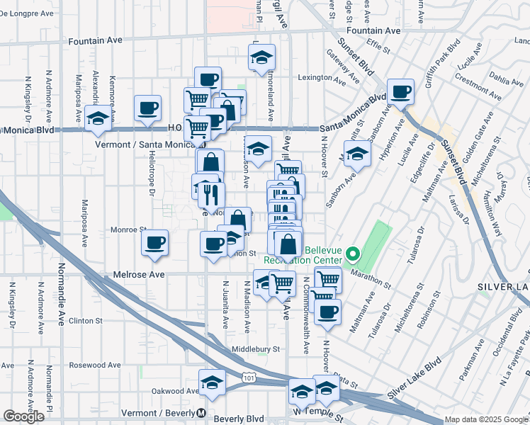 map of restaurants, bars, coffee shops, grocery stores, and more near Normal Avenue in Los Angeles