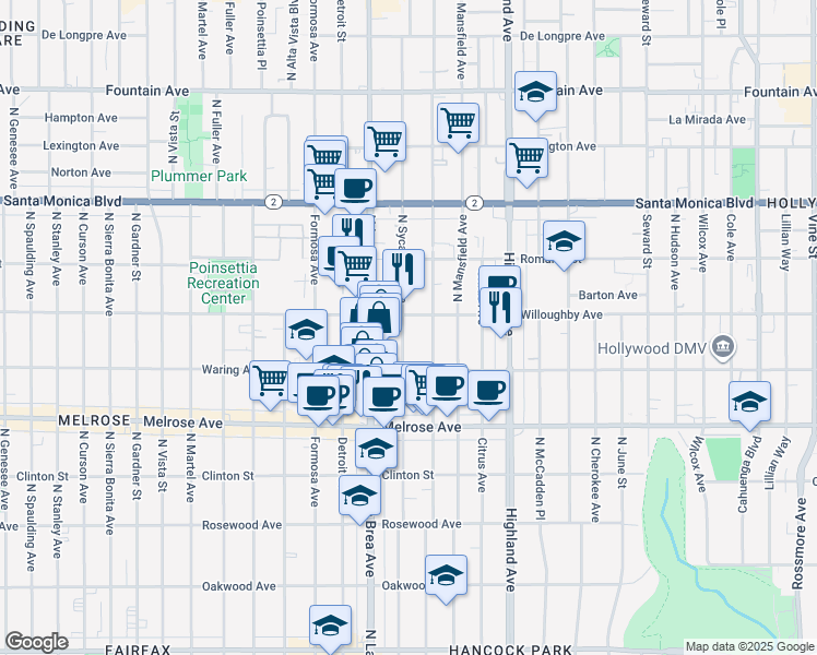 map of restaurants, bars, coffee shops, grocery stores, and more near 848 2/5 North Sycamore Avenue in Los Angeles