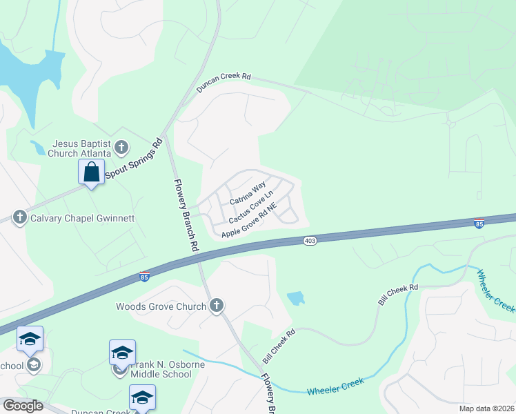 map of restaurants, bars, coffee shops, grocery stores, and more near 5235 Cactus Cove Lane in Buford