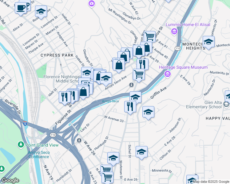 map of restaurants, bars, coffee shops, grocery stores, and more near 3439 Marmion Way in Los Angeles
