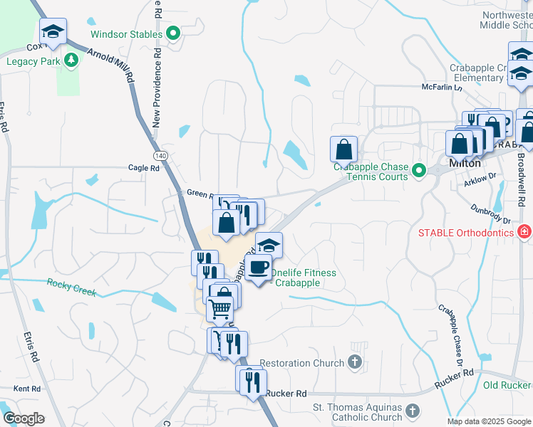 map of restaurants, bars, coffee shops, grocery stores, and more near 200 Green Road in Alpharetta