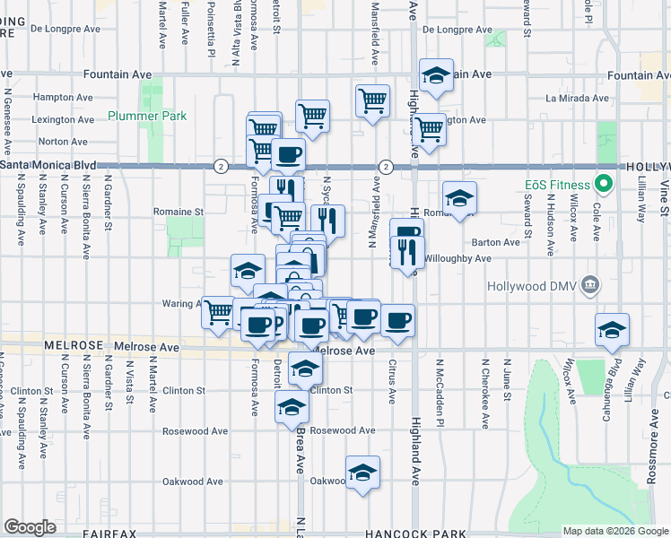map of restaurants, bars, coffee shops, grocery stores, and more near 824 North Sycamore Avenue in Los Angeles