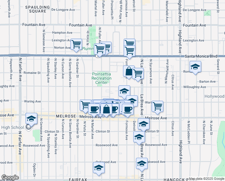 map of restaurants, bars, coffee shops, grocery stores, and more near 850 North Poinsettia Place in Los Angeles
