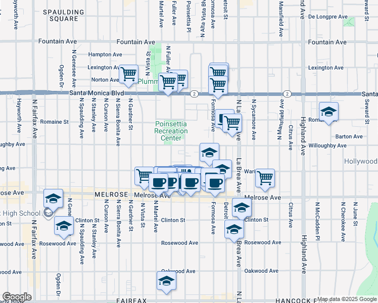 map of restaurants, bars, coffee shops, grocery stores, and more near 824 North Poinsettia Place in Los Angeles