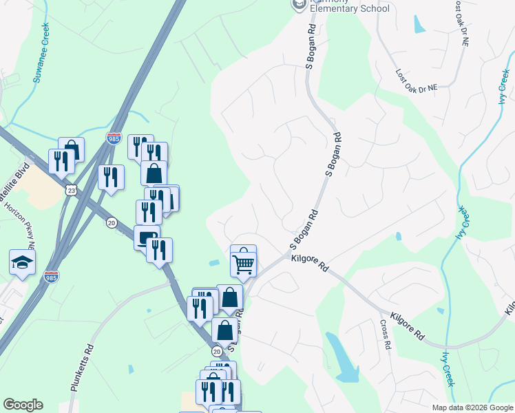 map of restaurants, bars, coffee shops, grocery stores, and more near 3752 Heritage Place in Buford
