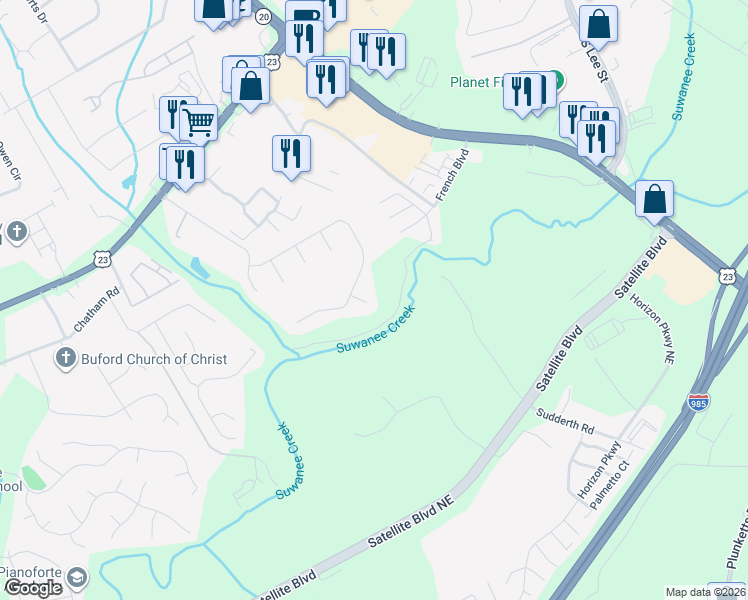 map of restaurants, bars, coffee shops, grocery stores, and more near 1494 Carter Drive in Buford