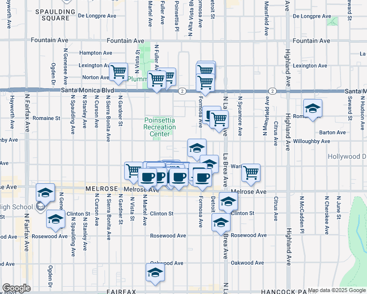 map of restaurants, bars, coffee shops, grocery stores, and more near 849 North Alta Vista Boulevard in Los Angeles