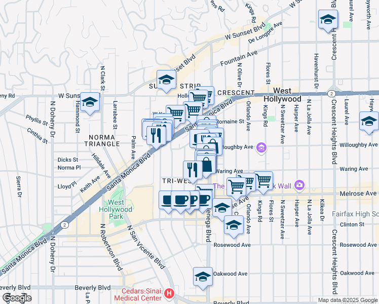 map of restaurants, bars, coffee shops, grocery stores, and more near 866 Westmount Drive in West Hollywood