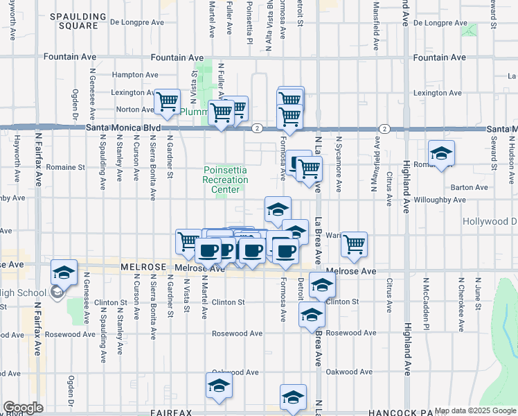 map of restaurants, bars, coffee shops, grocery stores, and more near 849 North Alta Vista Boulevard in Los Angeles