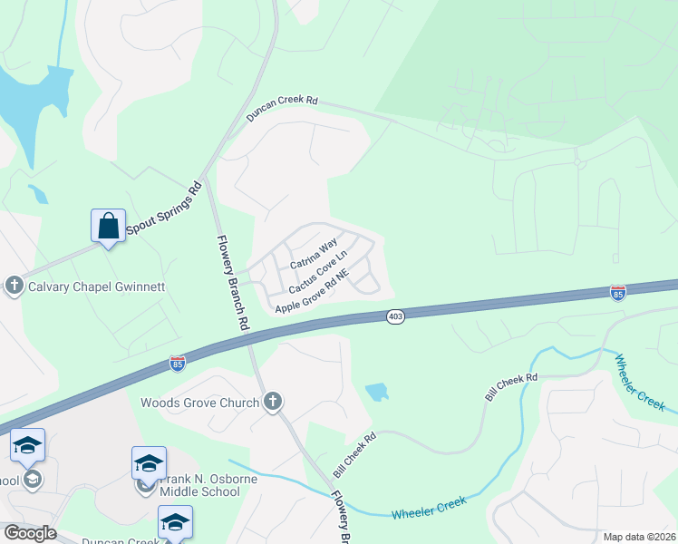 map of restaurants, bars, coffee shops, grocery stores, and more near 2025 Black Pebble Circle in Buford
