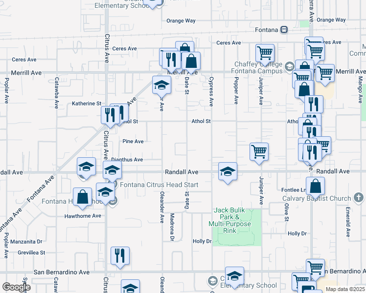 map of restaurants, bars, coffee shops, grocery stores, and more near 9240 Date Street in Fontana