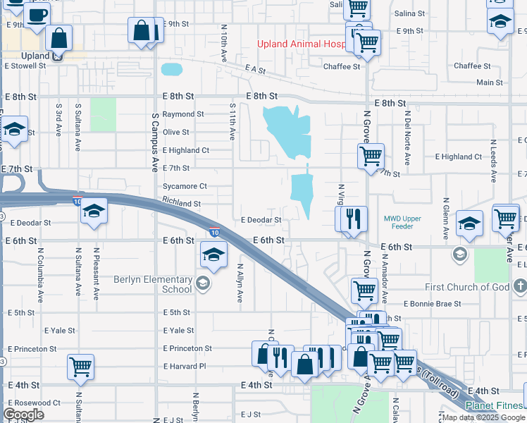 map of restaurants, bars, coffee shops, grocery stores, and more near 1006 East Deodar Street in Ontario