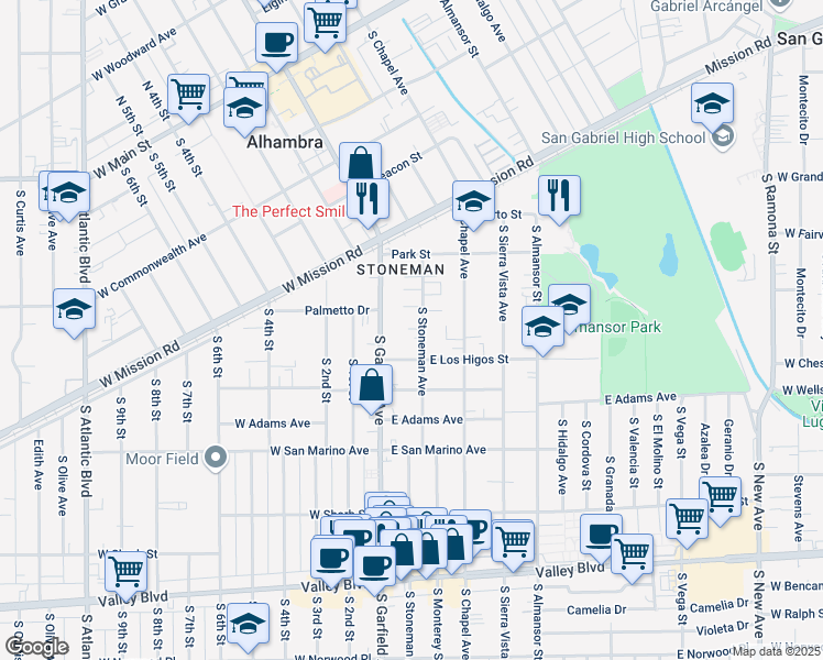 map of restaurants, bars, coffee shops, grocery stores, and more near 21 East Los Higos Street in Alhambra