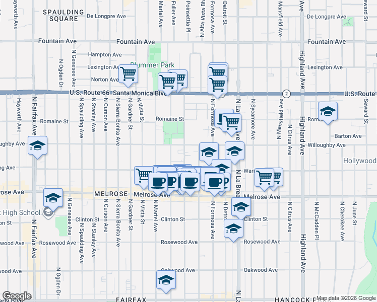 map of restaurants, bars, coffee shops, grocery stores, and more near 850 North Poinsettia Place in Los Angeles