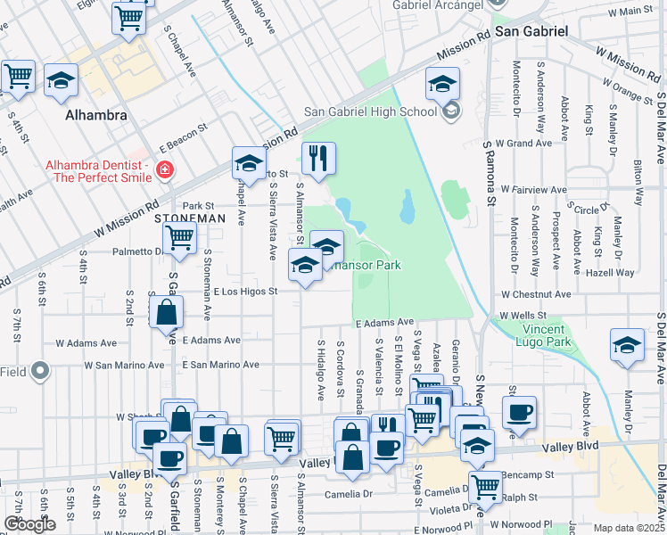 map of restaurants, bars, coffee shops, grocery stores, and more near 840 South Almansor Street in Alhambra