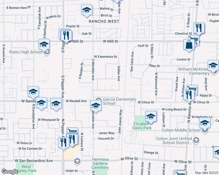 map of restaurants, bars, coffee shops, grocery stores, and more near 834 South Lassen Avenue in San Bernardino