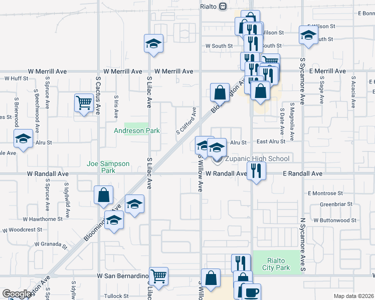 map of restaurants, bars, coffee shops, grocery stores, and more near 867 South Breden Lane in Rialto