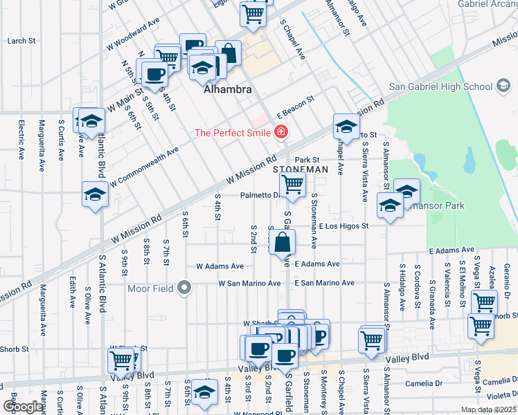 map of restaurants, bars, coffee shops, grocery stores, and more near 900 South 2nd Street in Alhambra