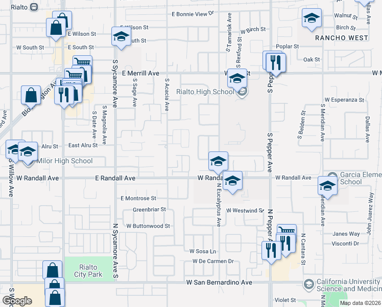 map of restaurants, bars, coffee shops, grocery stores, and more near 546 Grant Street in Rialto