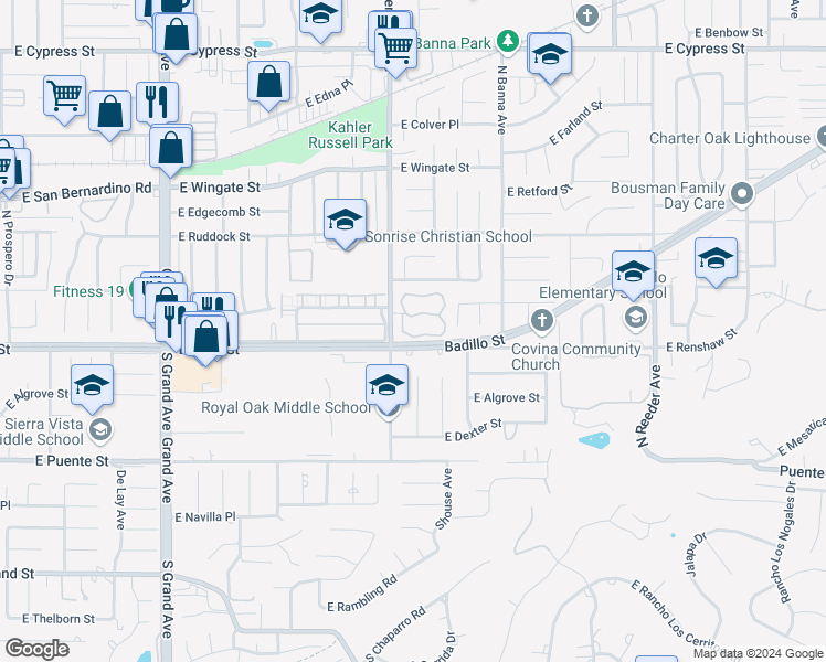 map of restaurants, bars, coffee shops, grocery stores, and more near 1338 East Badillo Street in Covina