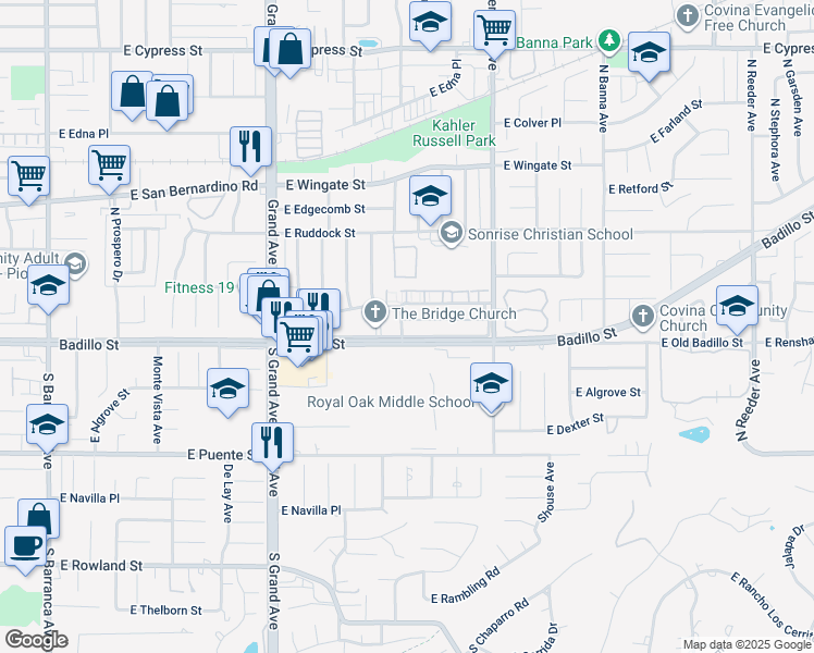 map of restaurants, bars, coffee shops, grocery stores, and more near 1149 East Badillo Street in Covina