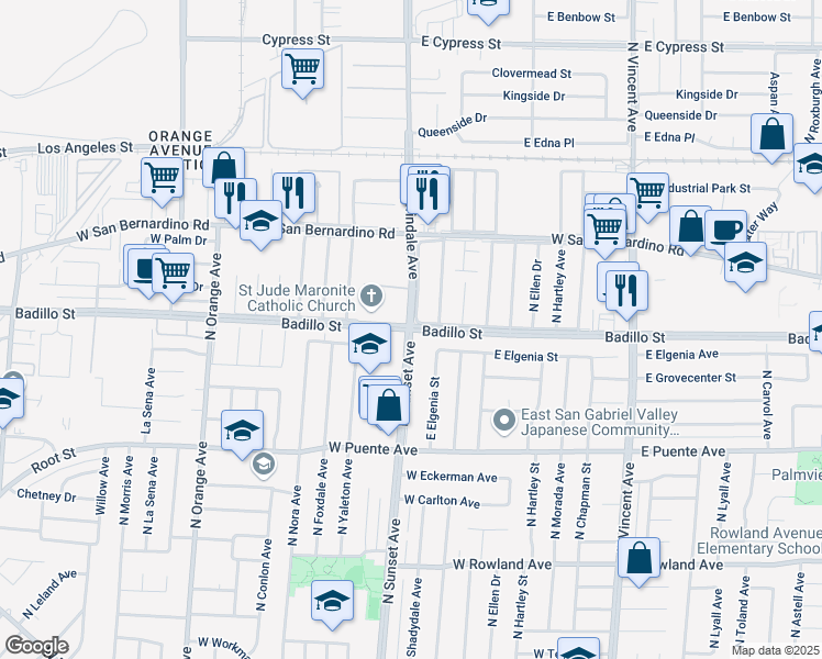 map of restaurants, bars, coffee shops, grocery stores, and more near 763 North Sunset Avenue in West Covina
