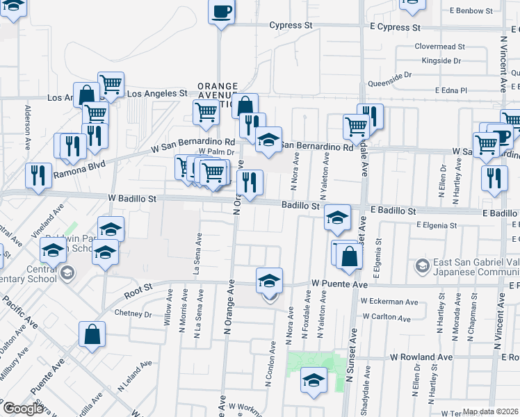 map of restaurants, bars, coffee shops, grocery stores, and more near 3914 North Lang Avenue in Covina