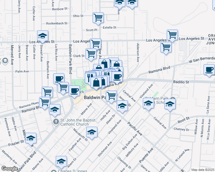 map of restaurants, bars, coffee shops, grocery stores, and more near 4024 Maine Avenue in Baldwin Park