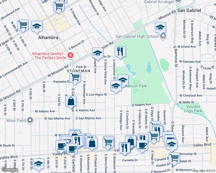 map of restaurants, bars, coffee shops, grocery stores, and more near 415 East Los Higos Street in Alhambra
