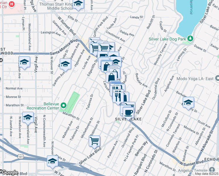 map of restaurants, bars, coffee shops, grocery stores, and more near 1322 Micheltorena Street in Los Angeles