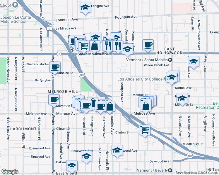 map of restaurants, bars, coffee shops, grocery stores, and more near 839 North Normandie Avenue in Los Angeles