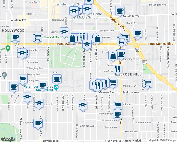 map of restaurants, bars, coffee shops, grocery stores, and more near 818 North Van Ness Avenue in Los Angeles