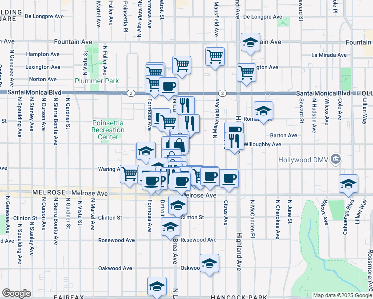 map of restaurants, bars, coffee shops, grocery stores, and more near 824 North Sycamore Avenue in Los Angeles
